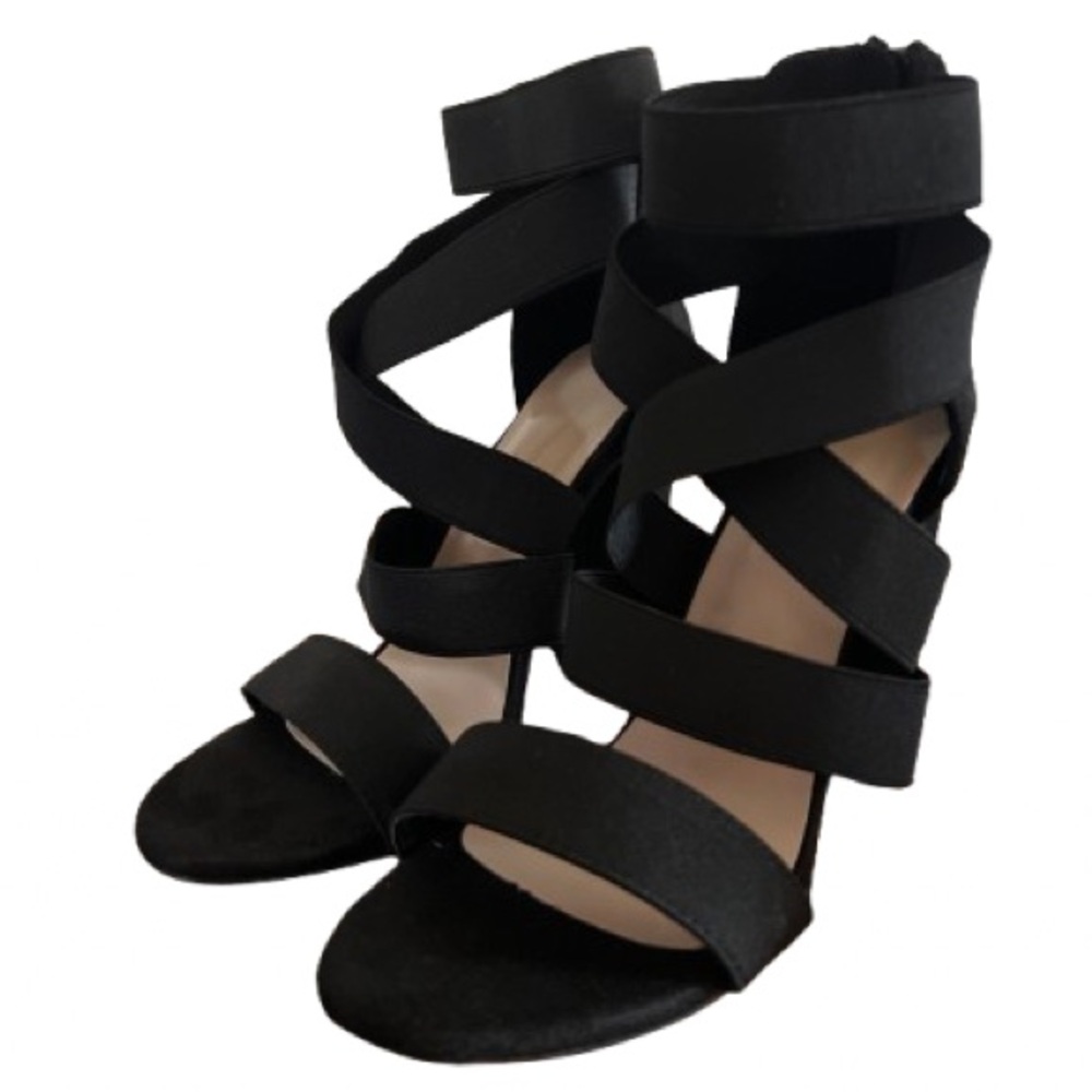 Stretch Strappy Block Heel Black Sandals | Women’s 7